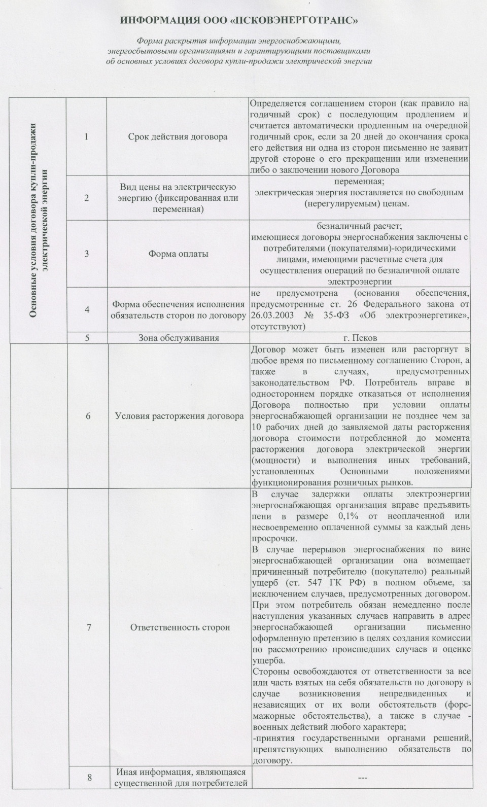 ООО «Псковэнерготранс» информирует об условиях договоров купли-продажи электроэнергии