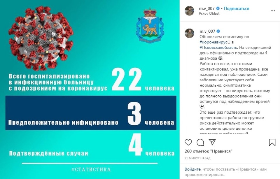 Коронавирус подтверждён у четырёх жителей Псковской области