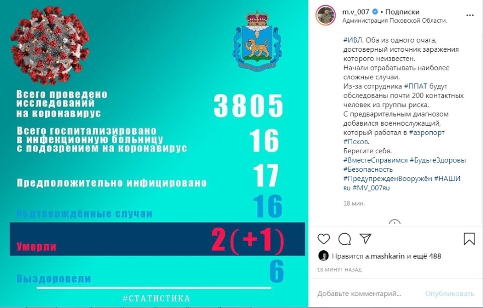 Еще один инфицированный коронавирусом пациент скончался в Пскове