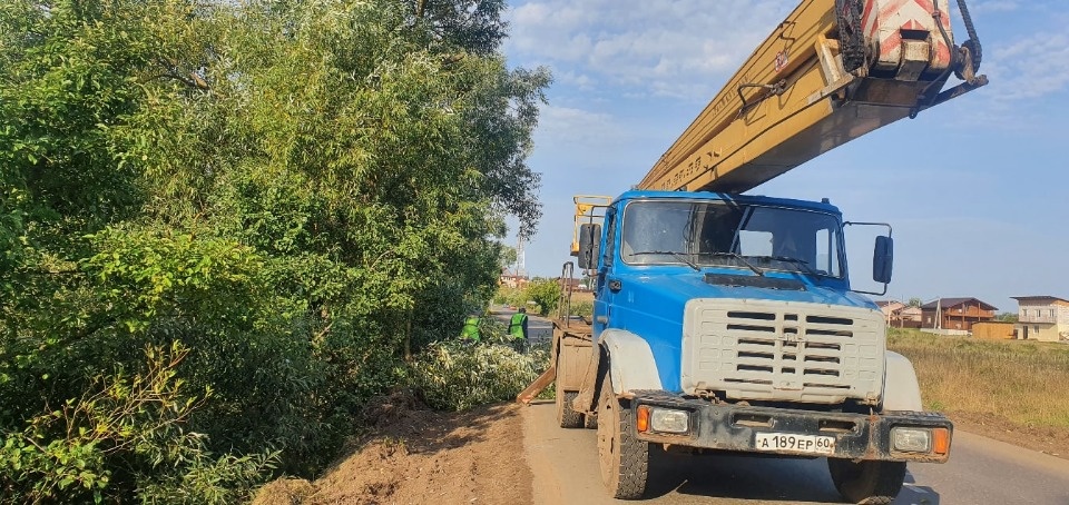 На месте гибели двух детей в Великих Луках рабочие спиливают деревья