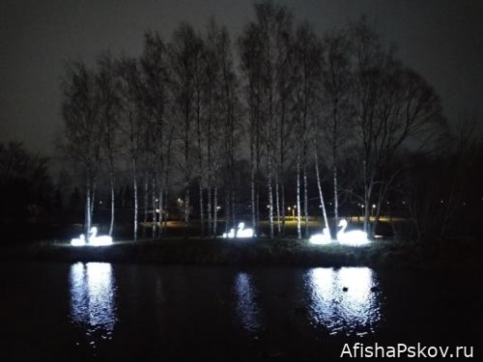 На Утином острове в Пскове появились светодиодные лебеди