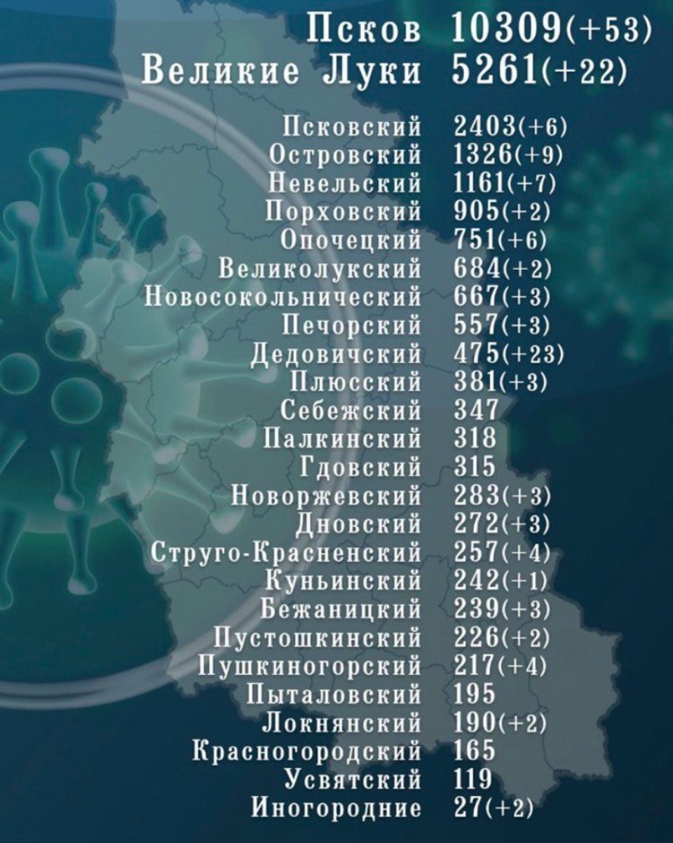 Число выздоровевших от коронавируса за сутки в Псковской области вдвое превысило количество заболевших