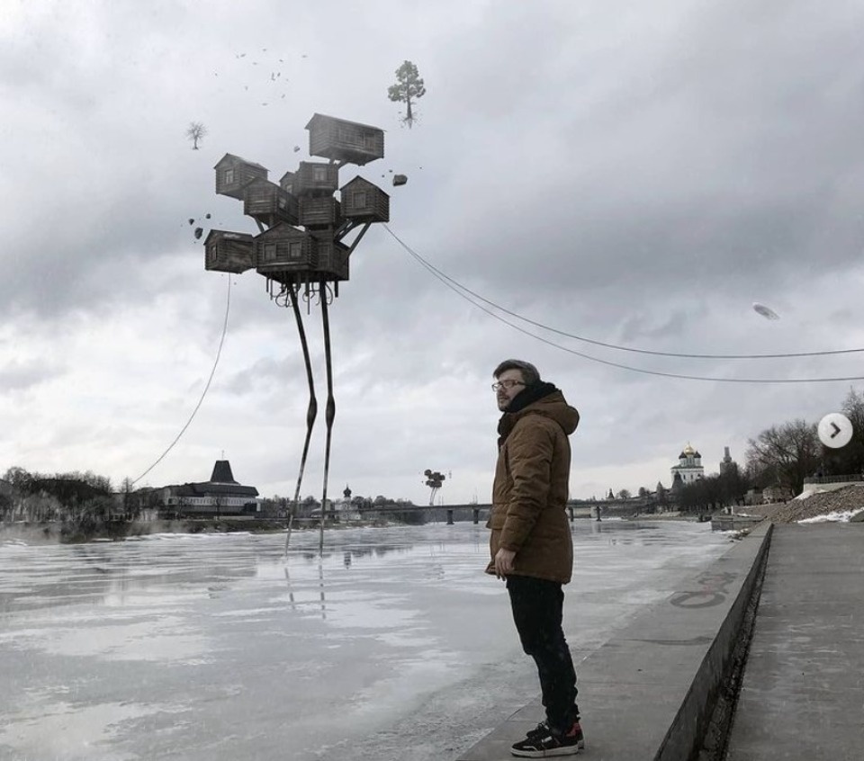 «Избы-о-двух-ногах» изобразил на реке Великой в Пскове петербургский художник Вадим Соловьев «Избы-о-двух-ногах» изобразил на реке Великой в Пскове петербургский художник Вадим Соловьев