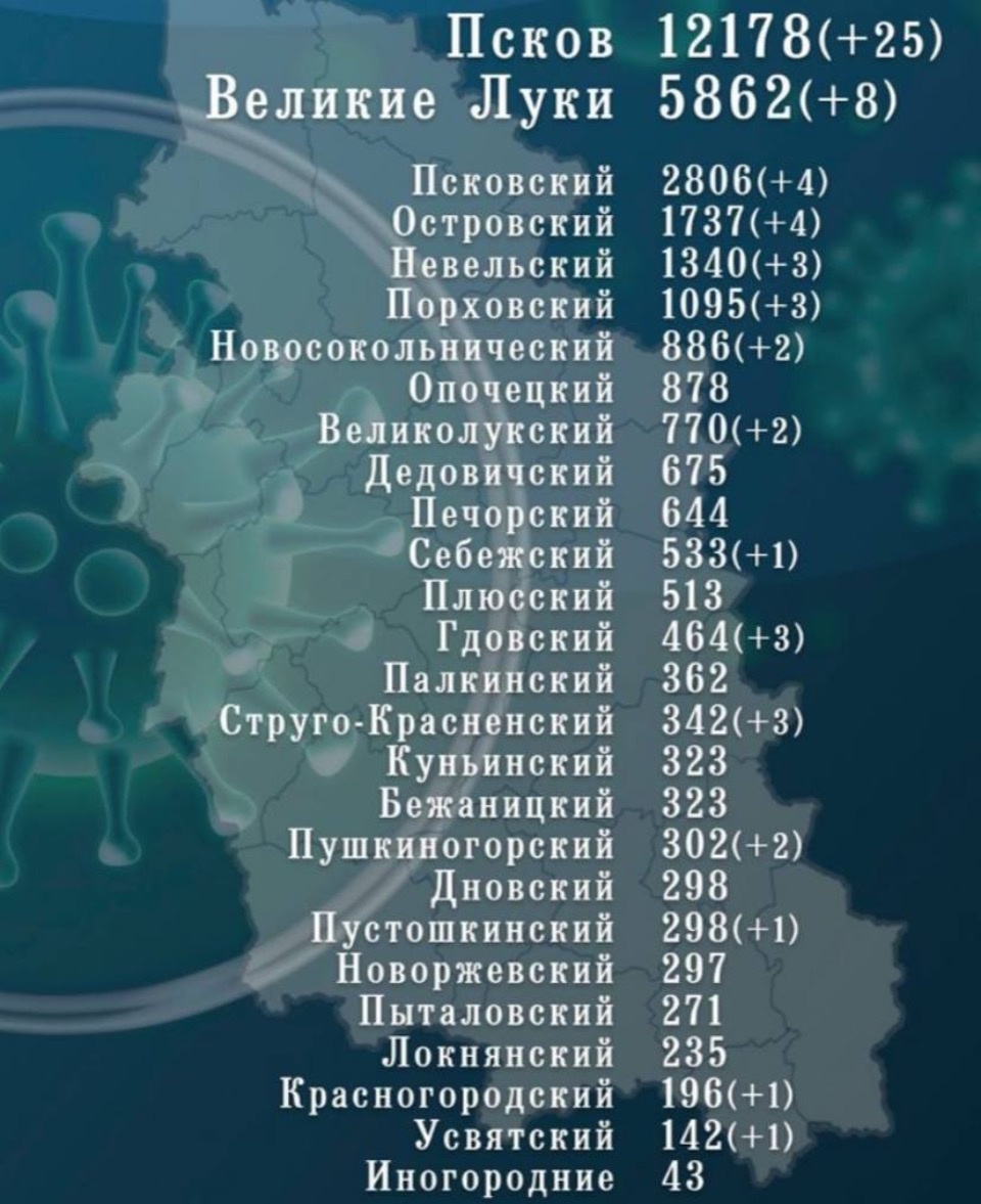Новые заражённые СOVID-19 выявлены в двух городах и 13 районах Псковской области