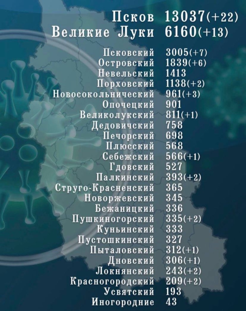 65 новых случаев коронавируса добавилось в статистику Псковской области за сутки