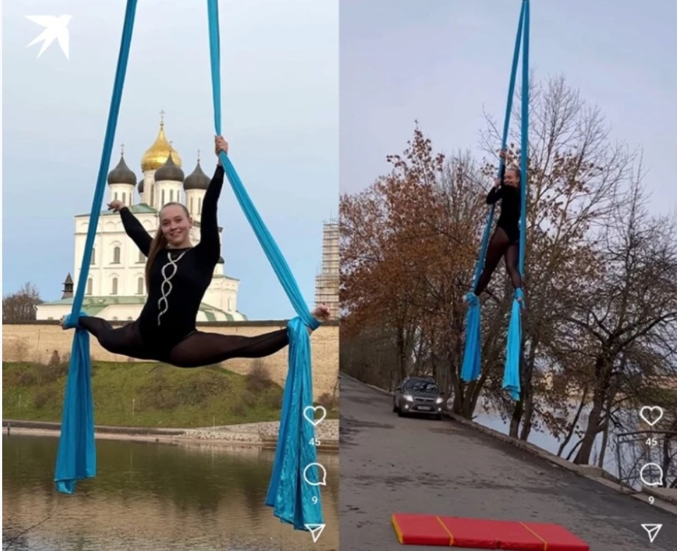 Видео с элементами воздушной гимнастики сняла псковская спортсменка на фоне Кремля