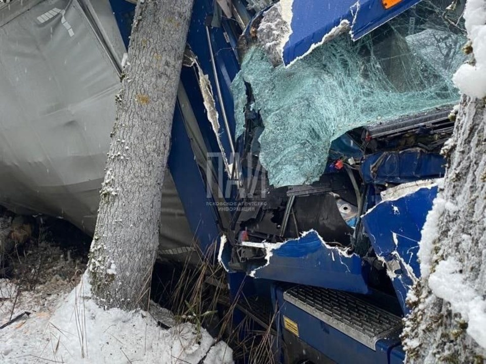 Фура  опрокинулась в кювет в Гдовском районе