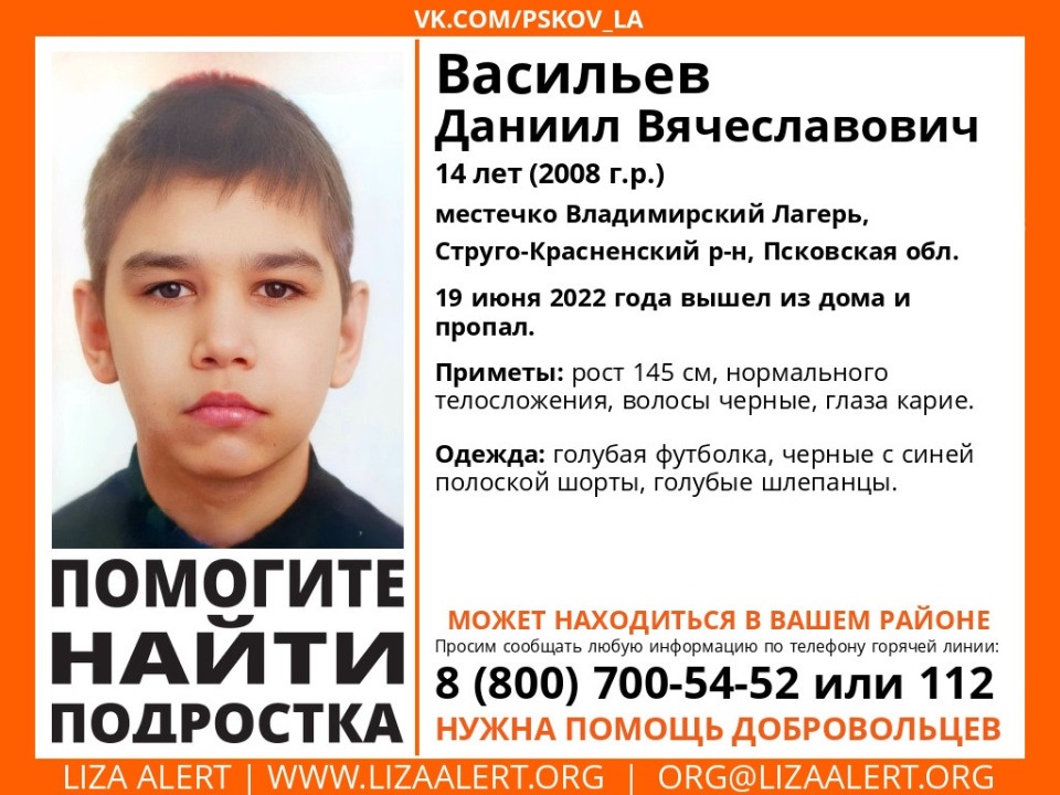 В Стругокрасненском районе разыскивают 14-летнего Даниила Васильева