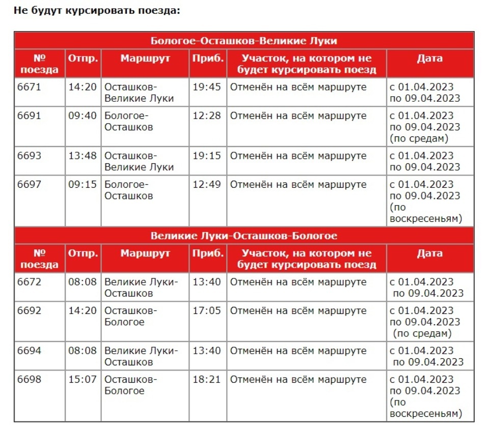 Расписание поездов на перегоне между Псковской и Тверской областями изменилось до 9 апреля