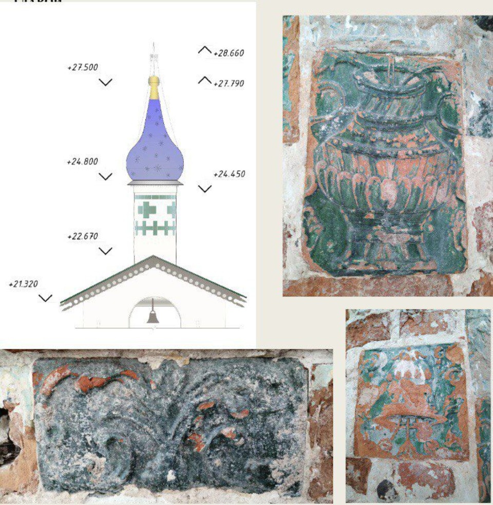 Керамические изразцы обнаружили на барабане Большой звонницы Псково-Печерского монастыря