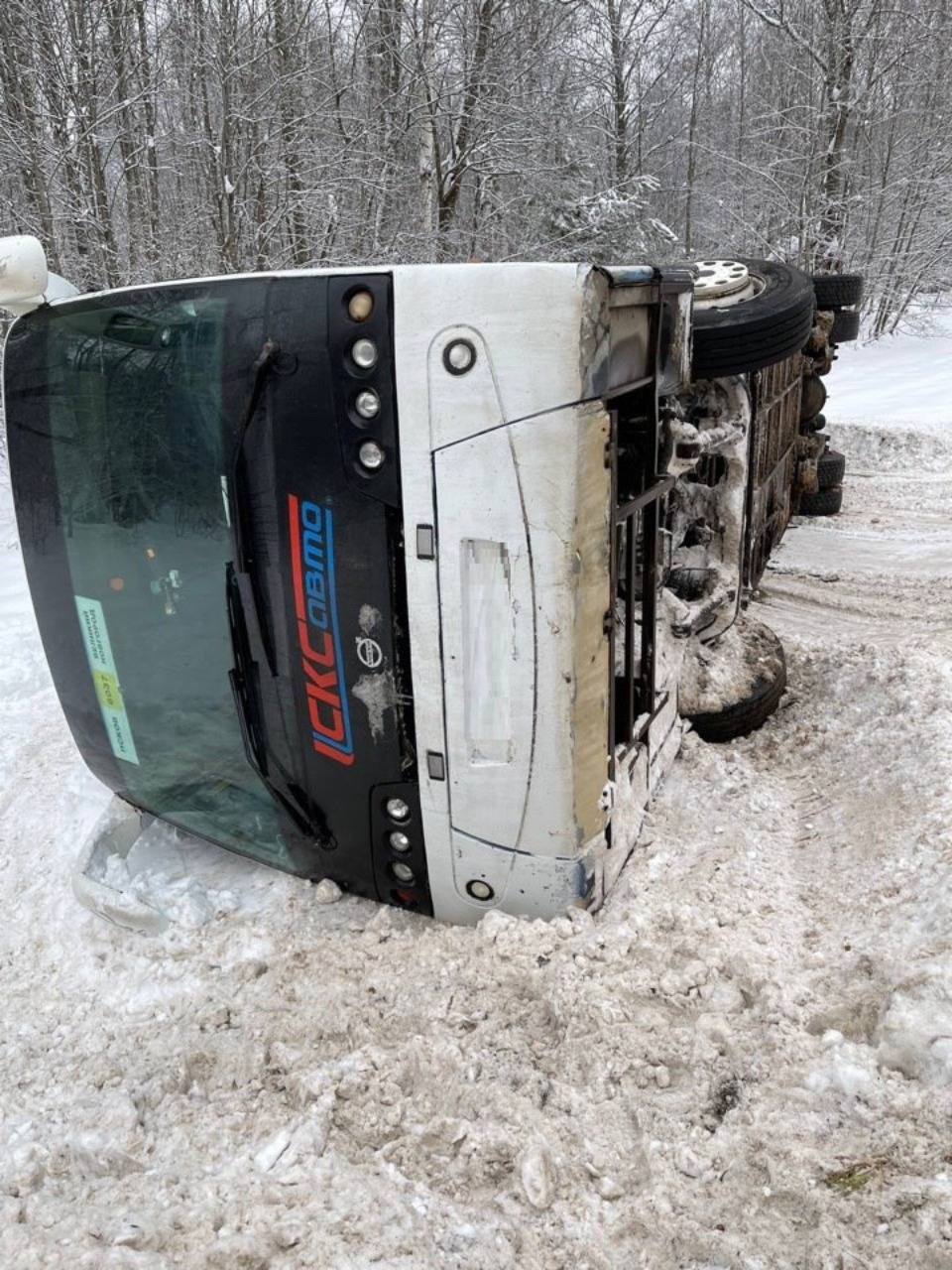 Рейсовый автобус из Пскова перевернулся на заснеженной дороге в Новгородской области