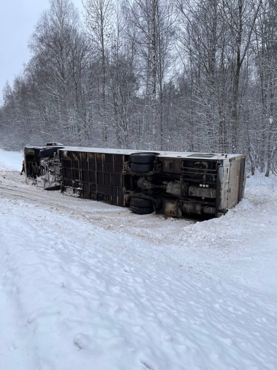 Рейсовый автобус из Пскова перевернулся на заснеженной дороге в Новгородской области