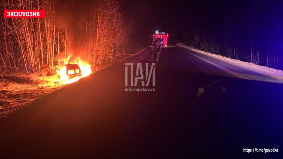 Машина вылетела в кювет и загорелась в Печорском районе Машина вылетела в кювет и загорелась в Печорском районе