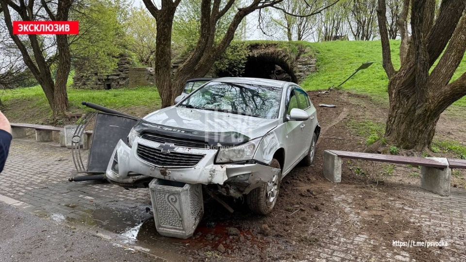 Автомобиль вылетел со склона в Финский парк в Пскове 