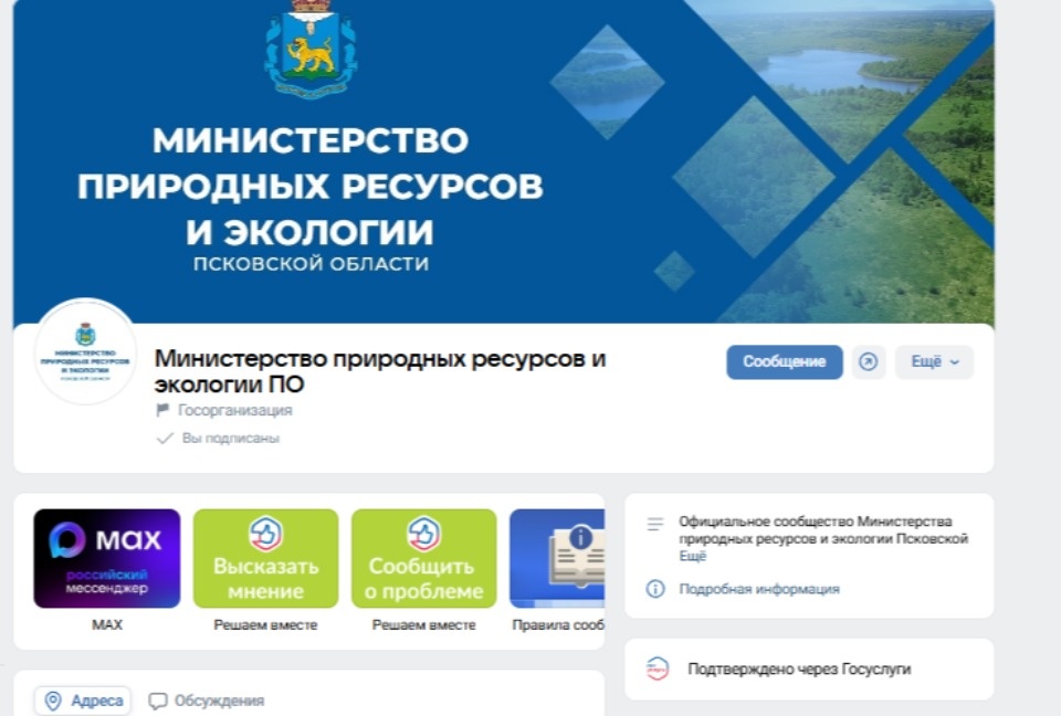 Официальные цифровые каналы развивает министерство природных ресурсов и экологии Псковской области