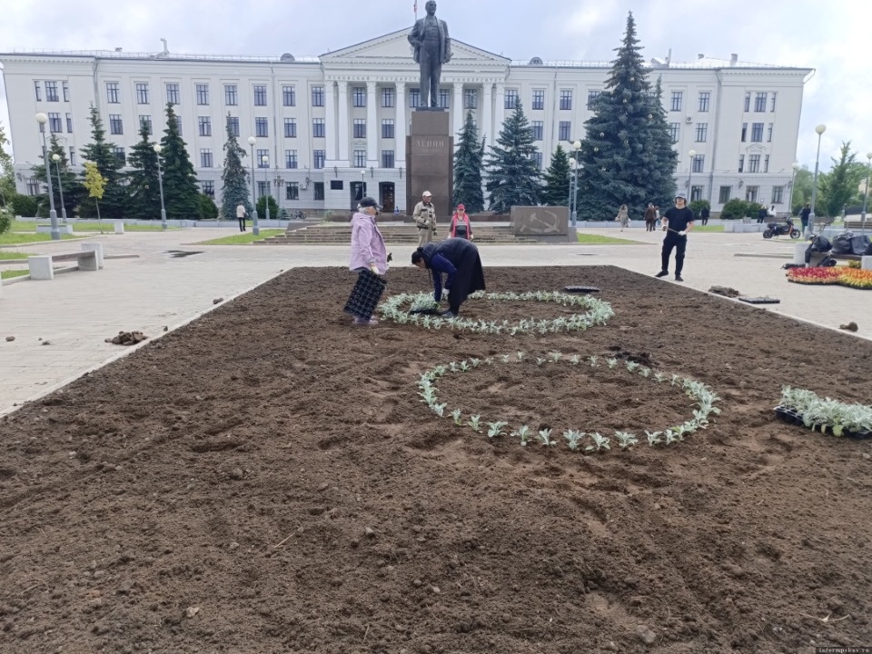 Высадку цветов начали на клумбе на площади Ленина в Пскове